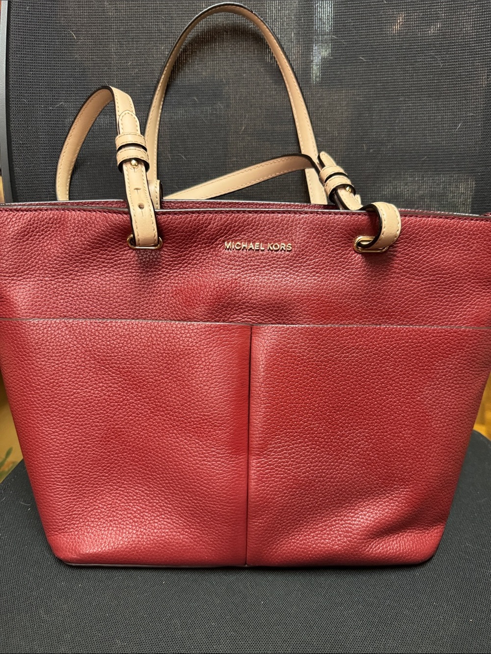 Michael Kors Bedford Red Pebbled Leather Tote with Beige Handles